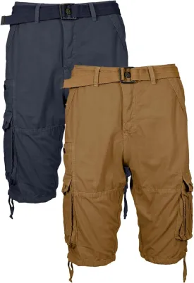 2 Pack Men's Distressed Cotton Cargo Belted Shorts (Size 30-42)