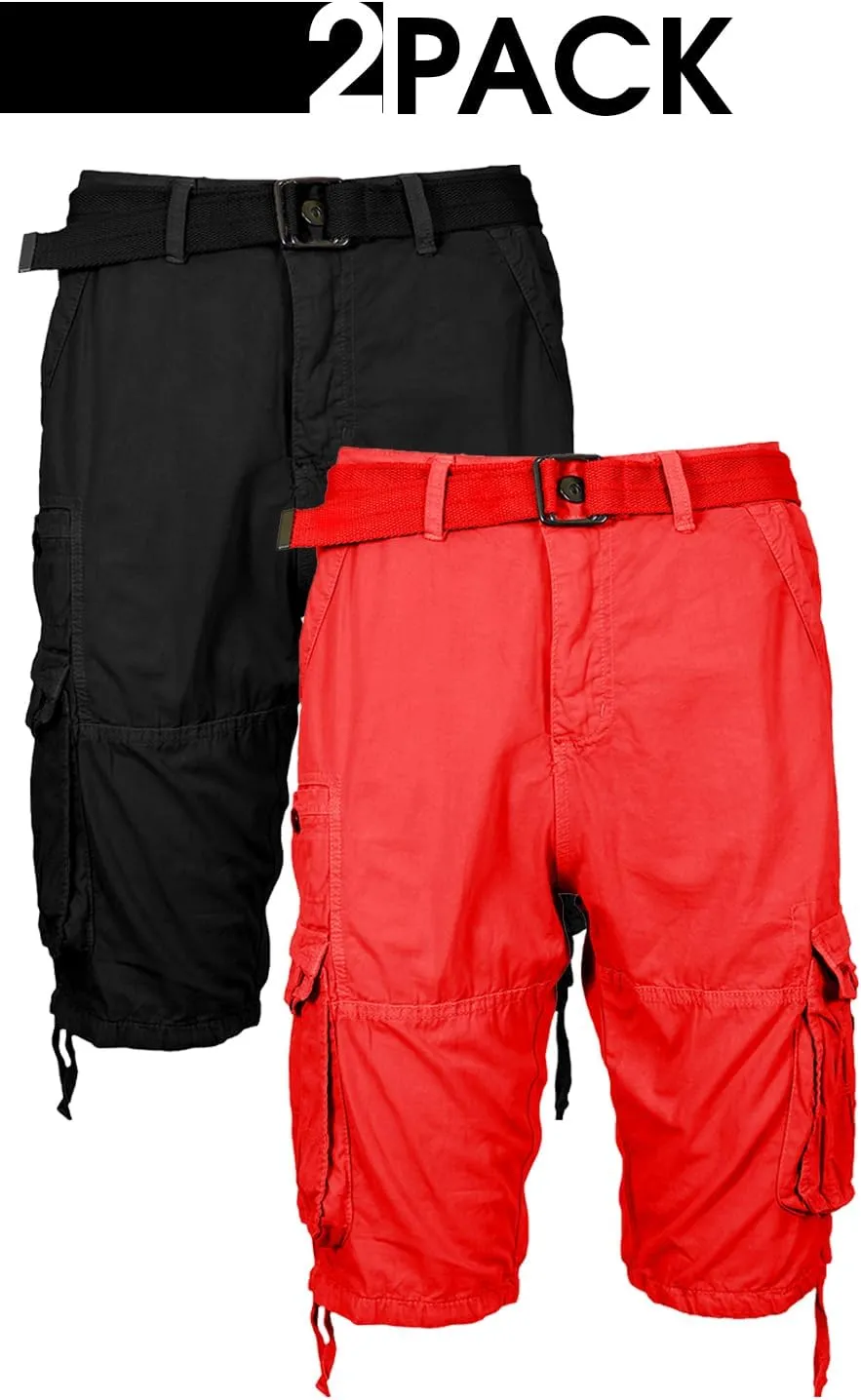 2 Pack Men's Distressed Cotton Cargo Belted Shorts (Size 30-42)