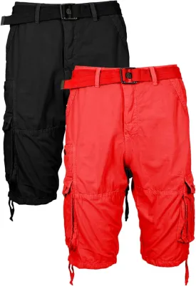 2 Pack Men's Distressed Cotton Cargo Belted Shorts (Size 30-42)