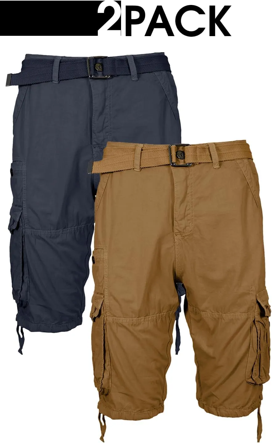 2 Pack Men's Distressed Cotton Cargo Belted Shorts (Size 30-42)