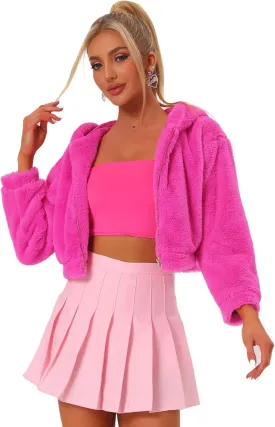 Allegra K Women's Faux Fur Coat Zip Up Casual Fuzzy Fluffy Crop Hooded Jackets