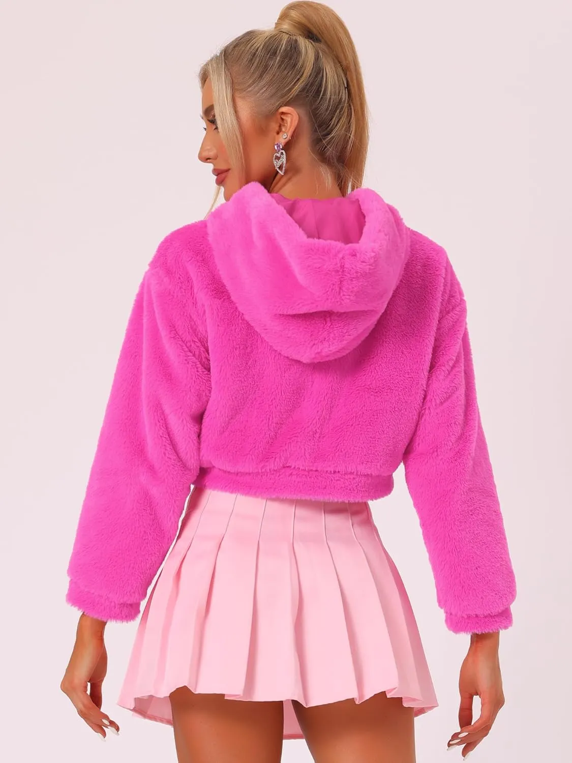 Allegra K Women's Faux Fur Coat Zip Up Casual Fuzzy Fluffy Crop Hooded Jackets