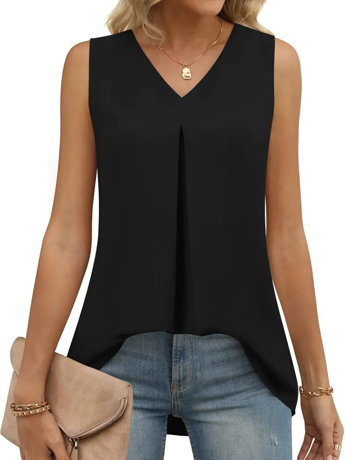 Anyally Women's Summer Sleeveless Chiffon Tunic Tank Tops Dressy Casual Blouse Loose V Neck Work Shirts
