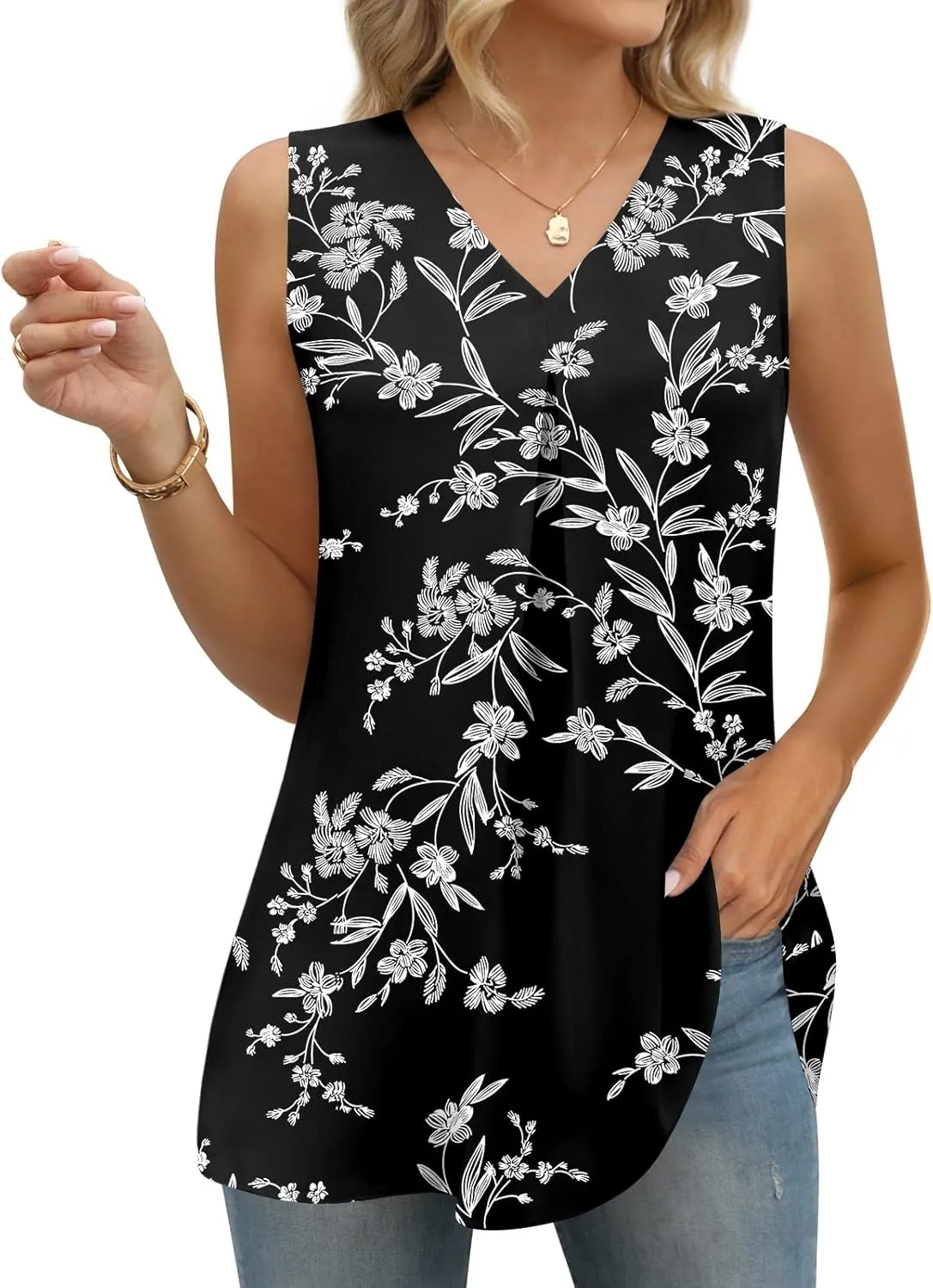 Anyally Women's Summer Sleeveless Chiffon Tunic Tank Tops Dressy Casual Blouse Loose V Neck Work Shirts