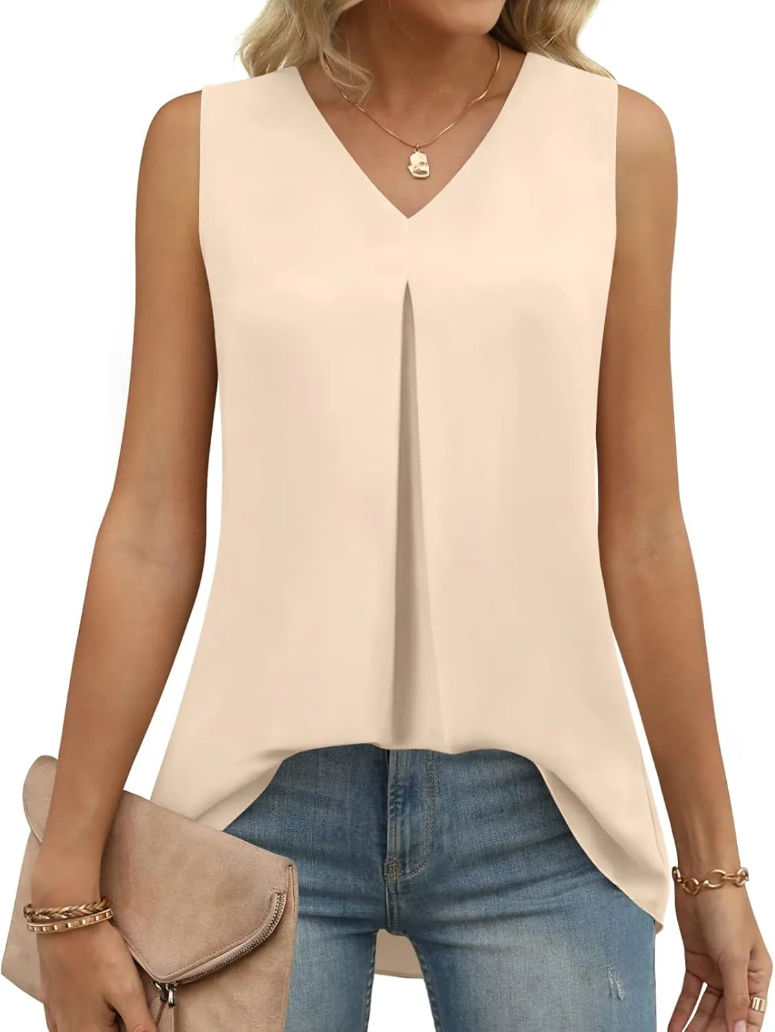 Anyally Women's Summer Sleeveless Chiffon Tunic Tank Tops Dressy Casual Blouse Loose V Neck Work Shirts