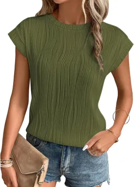 ATHMILE Womens Short Sleeve Summer Tops Crewneck Textured Shirts Basic T Shirt Casual Work Blouses