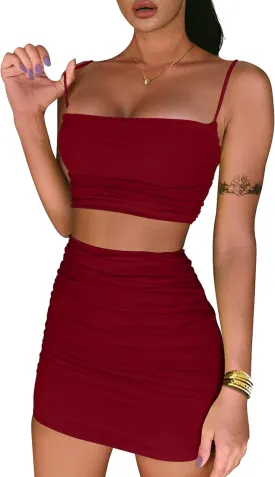 BEAGIMEG Women's Ruched Cami Crop Top Bodycon Skirt 2 Piece Outfits Dress