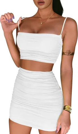 BEAGIMEG Women's Ruched Cami Crop Top Bodycon Skirt 2 Piece Outfits Dress