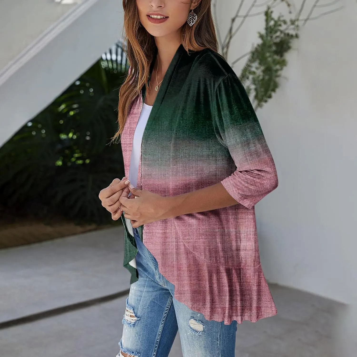 Cardigans for Women 2025 Retro Print Lightweight Cardigans Casual Duster Jackets 3/4 Sleeve Blouse Tops Coat