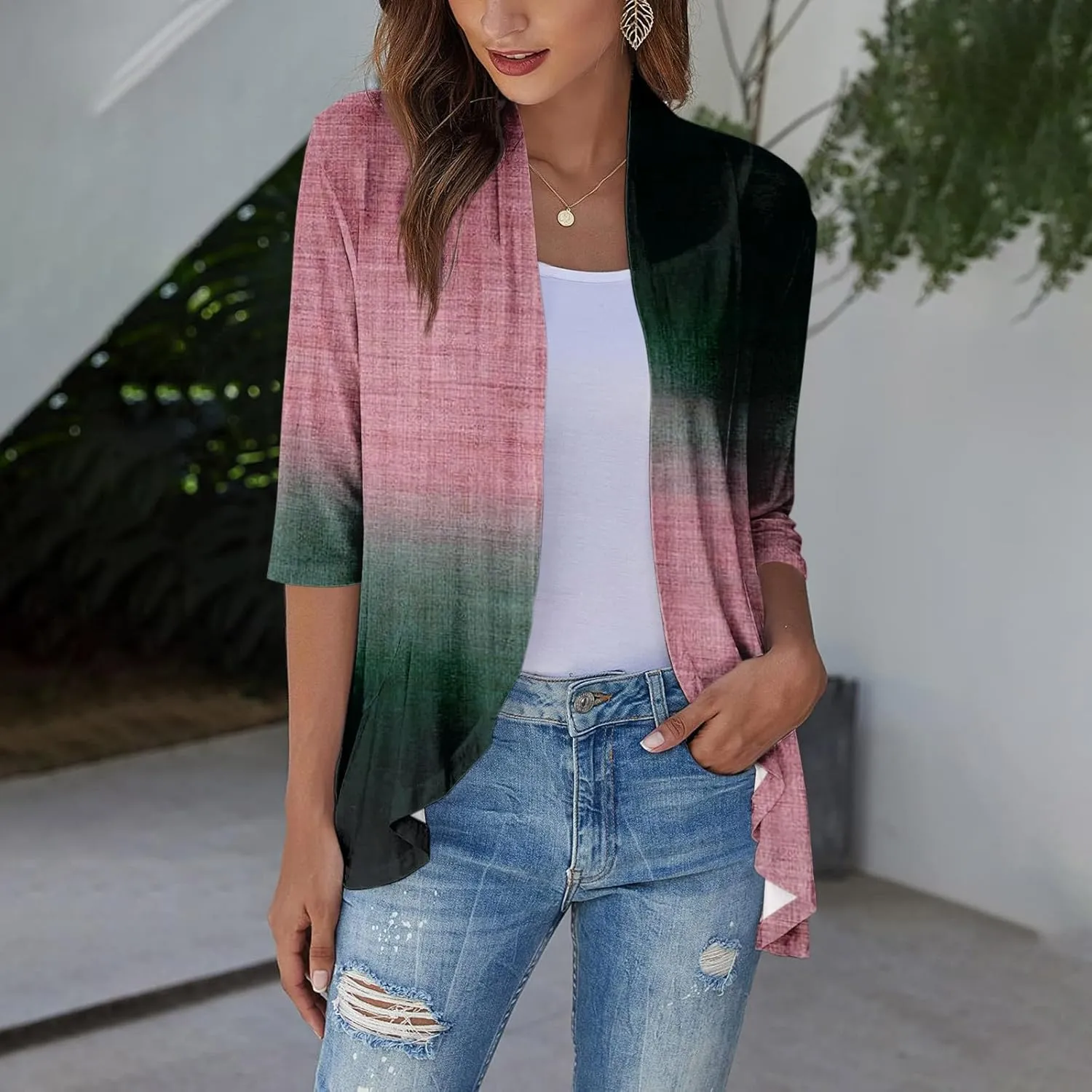 Cardigans for Women 2025 Retro Print Lightweight Cardigans Casual Duster Jackets 3/4 Sleeve Blouse Tops Coat