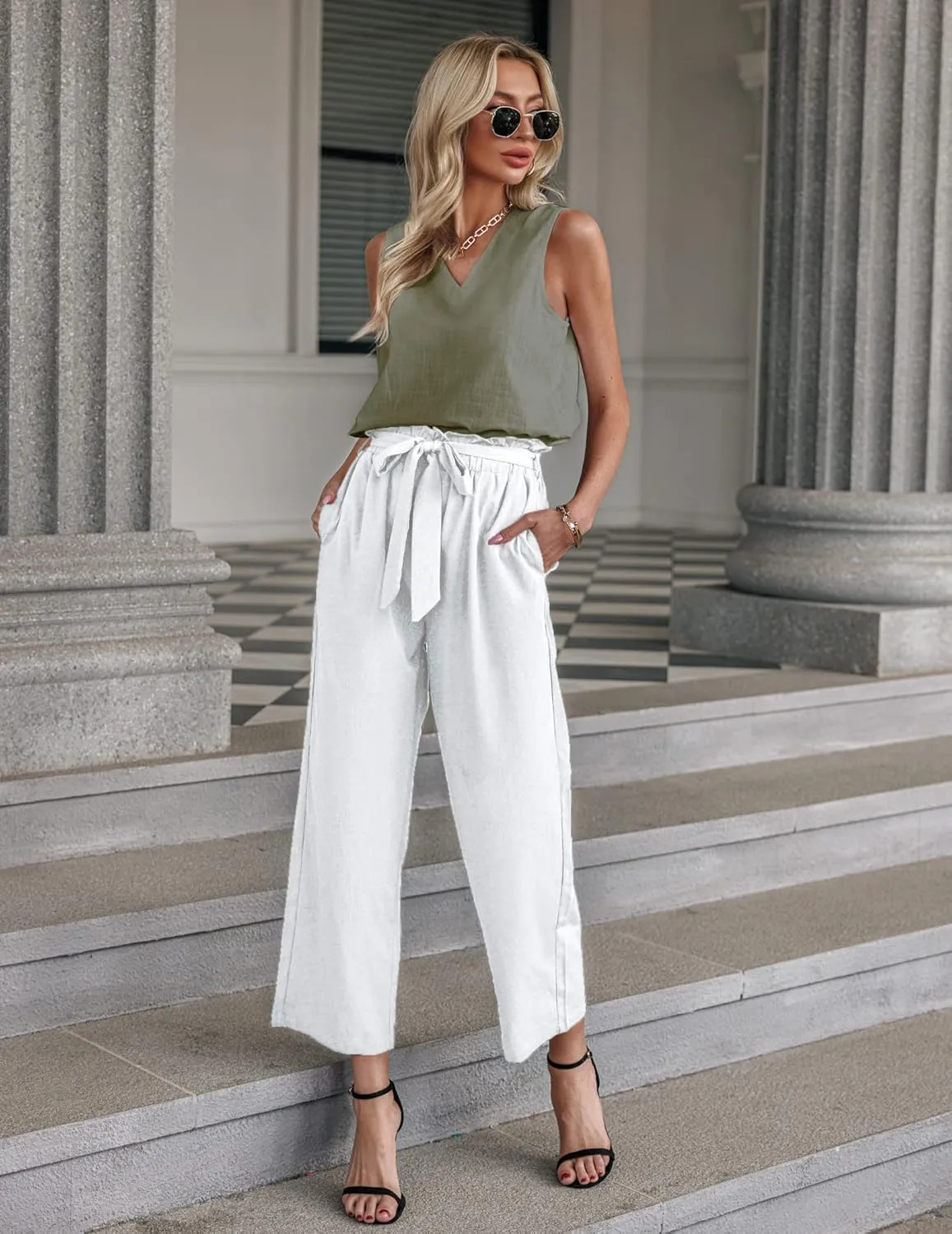 Chigant Womens Cotton Linen Tank Tops V Neck Casual Cami Sleeveless Blouses Summer Basic Tank Shirt S-XXXL