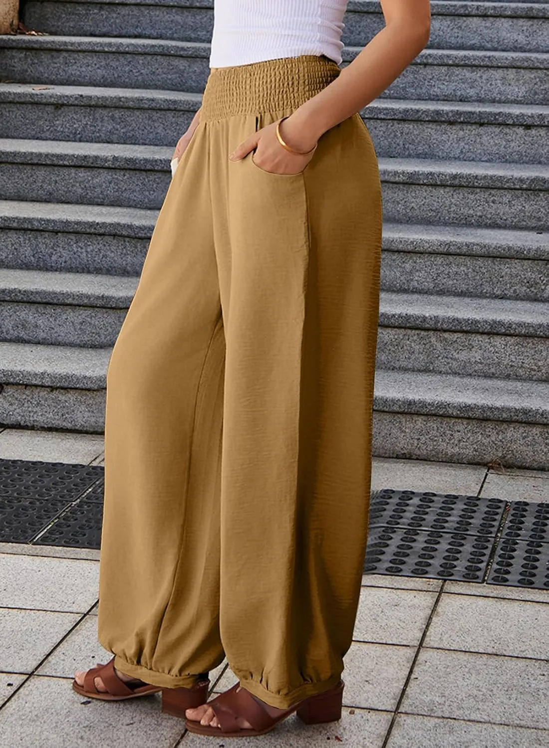 EVALESS Women's Wide Leg Baggy Pants Elastic High Waisted Casual Harem Pants Trousers with Pockets