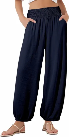 EVALESS Women's Wide Leg Baggy Pants Elastic High Waisted Casual Harem Pants Trousers with Pockets