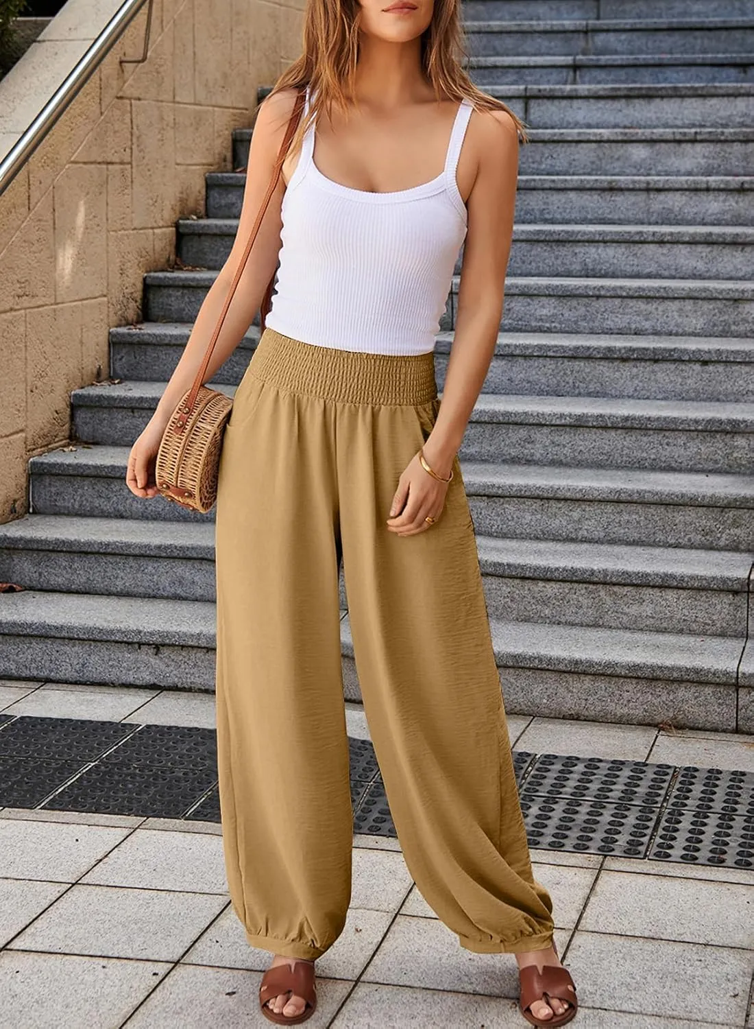 EVALESS Women's Wide Leg Baggy Pants Elastic High Waisted Casual Harem Pants Trousers with Pockets