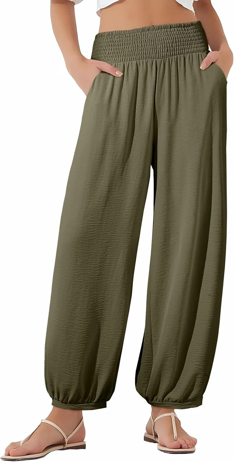 EVALESS Women's Wide Leg Baggy Pants Elastic High Waisted Casual Harem Pants Trousers with Pockets