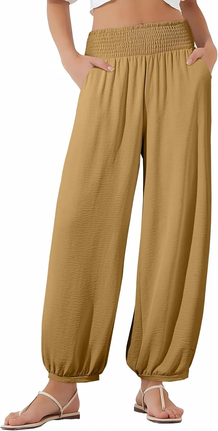 EVALESS Women's Wide Leg Baggy Pants Elastic High Waisted Casual Harem Pants Trousers with Pockets