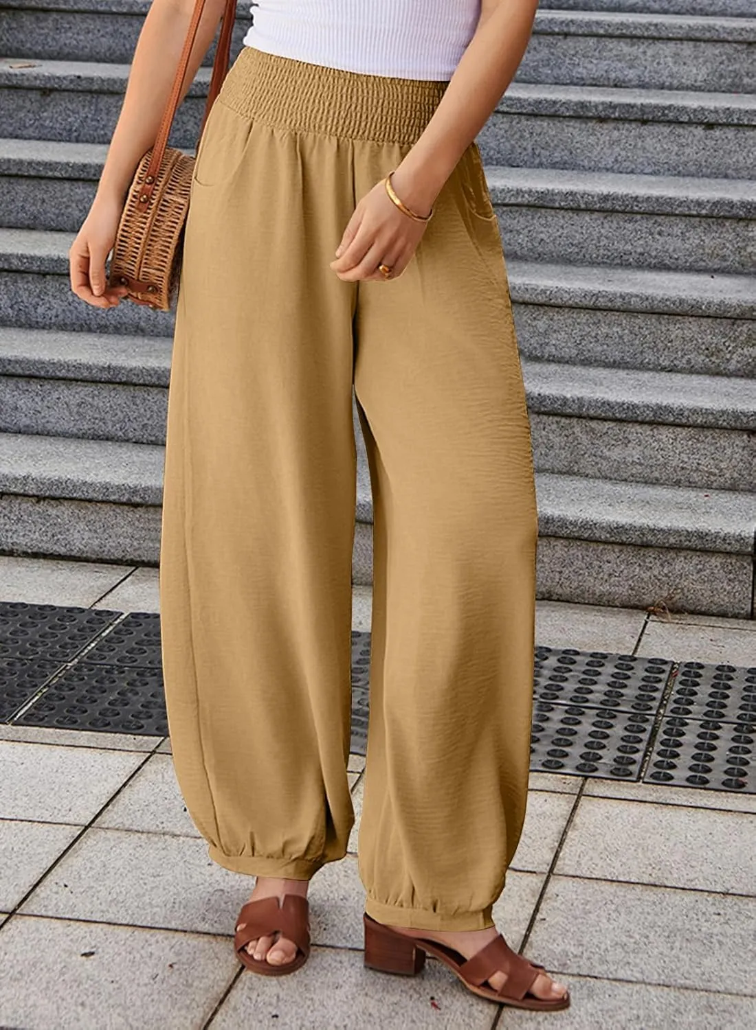 EVALESS Women's Wide Leg Baggy Pants Elastic High Waisted Casual Harem Pants Trousers with Pockets