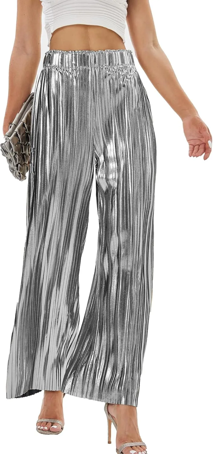 Fakanhui Women's Metallic Wide Leg Palazzo Pants Gold Silver Casual Dress Evening Party Clubwear Trouser