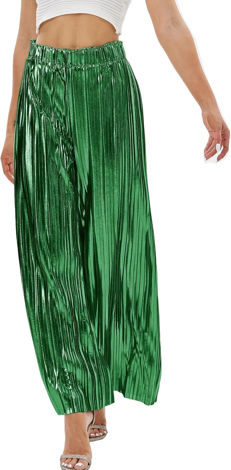 Fakanhui Women's Metallic Wide Leg Palazzo Pants Gold Silver Casual Dress Evening Party Clubwear Trouser