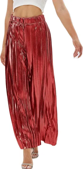 Fakanhui Women's Metallic Wide Leg Palazzo Pants Gold Silver Casual Dress Evening Party Clubwear Trouser