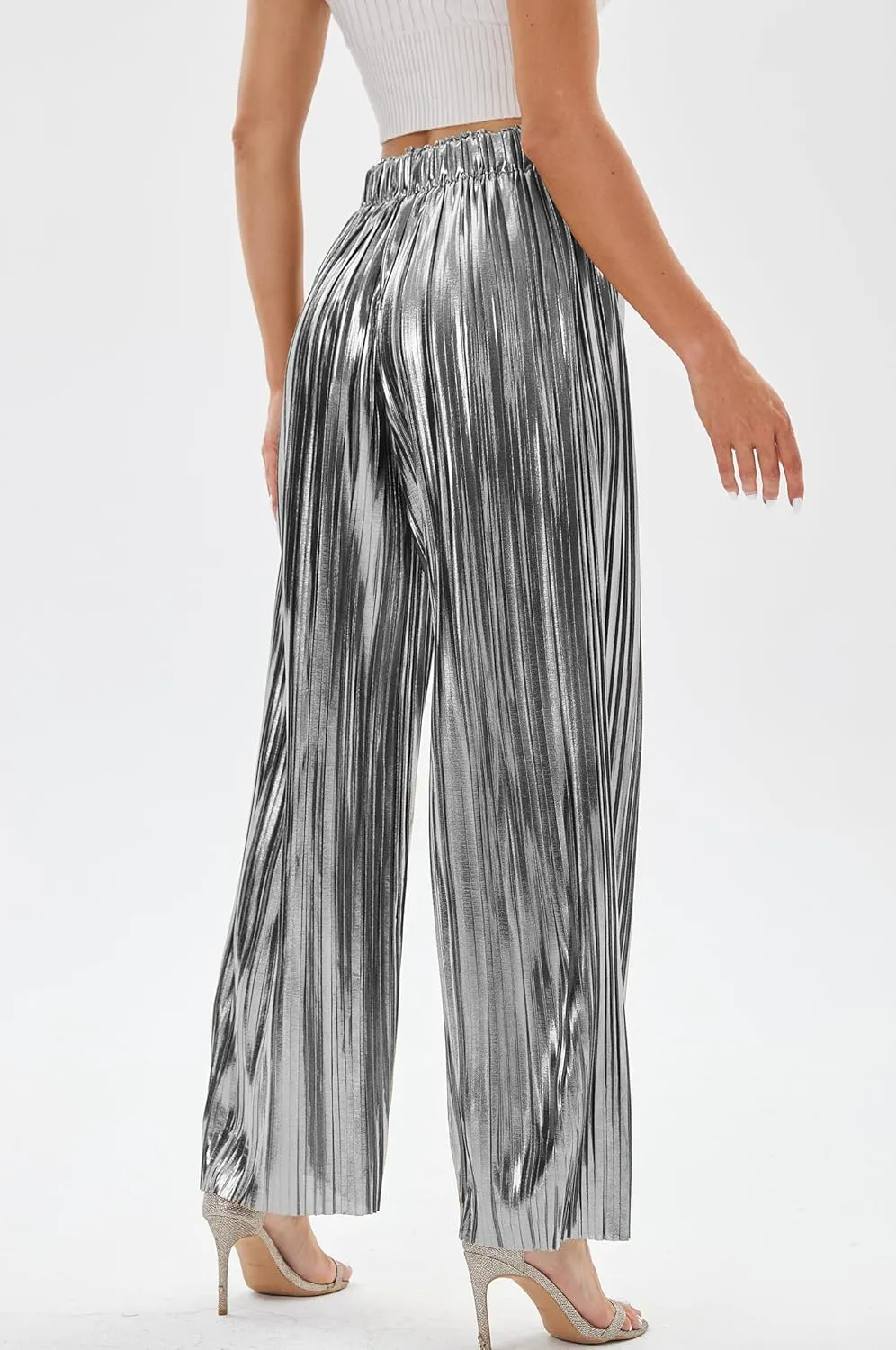 Fakanhui Women's Metallic Wide Leg Palazzo Pants Gold Silver Casual Dress Evening Party Clubwear Trouser