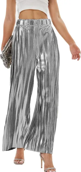 Fakanhui Women's Metallic Wide Leg Palazzo Pants Gold Silver Casual Dress Evening Party Clubwear Trouser