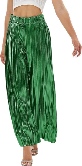 Fakanhui Women's Metallic Wide Leg Palazzo Pants Gold Silver Casual Dress Evening Party Clubwear Trouser