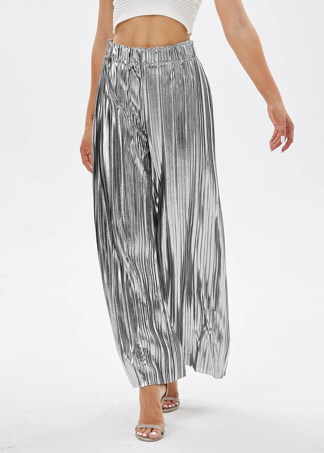 Fakanhui Women's Metallic Wide Leg Palazzo Pants Gold Silver Casual Dress Evening Party Clubwear Trouser