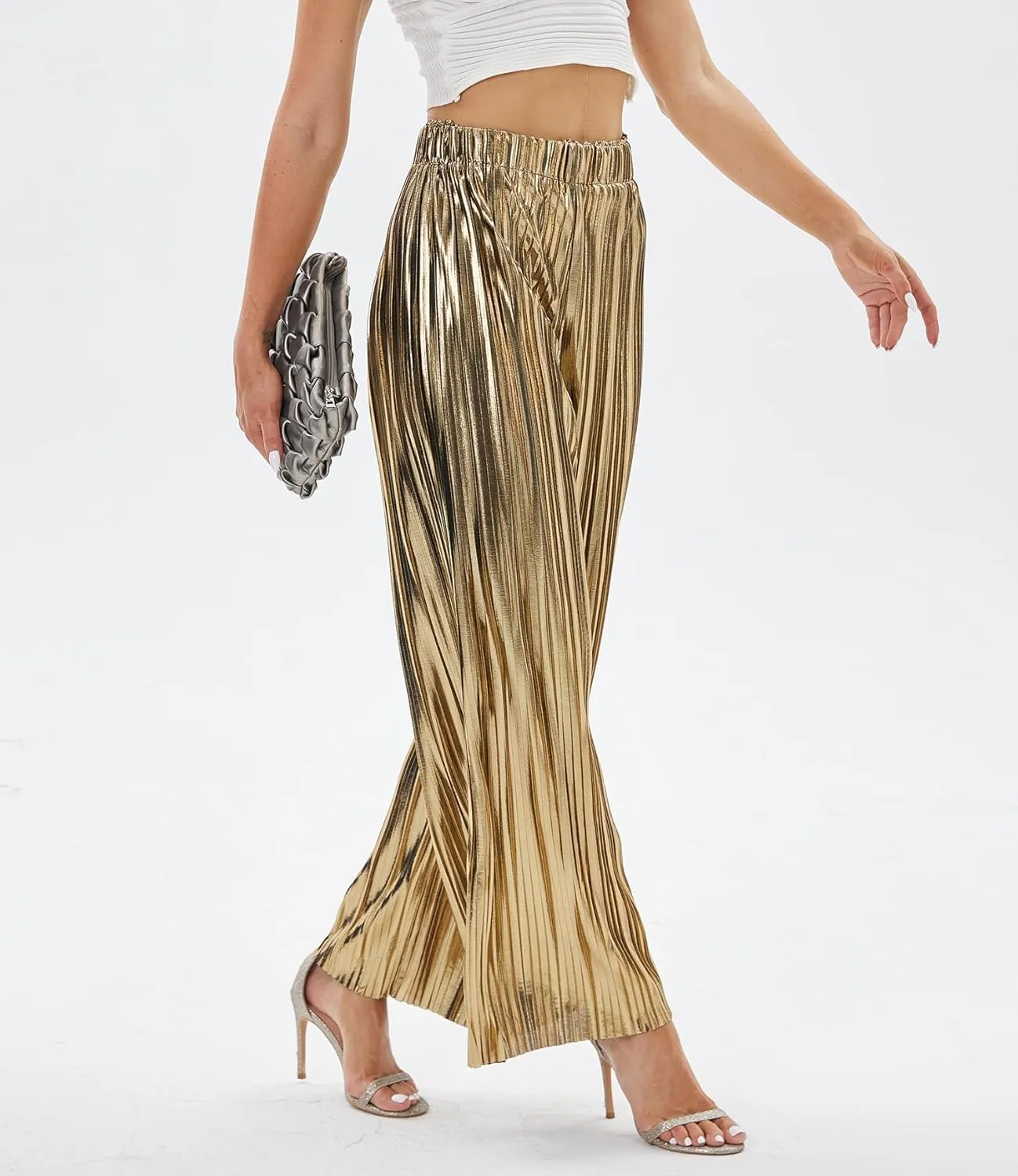Fakanhui Women's Metallic Wide Leg Palazzo Pants Gold Silver Casual Dress Evening Party Clubwear Trouser