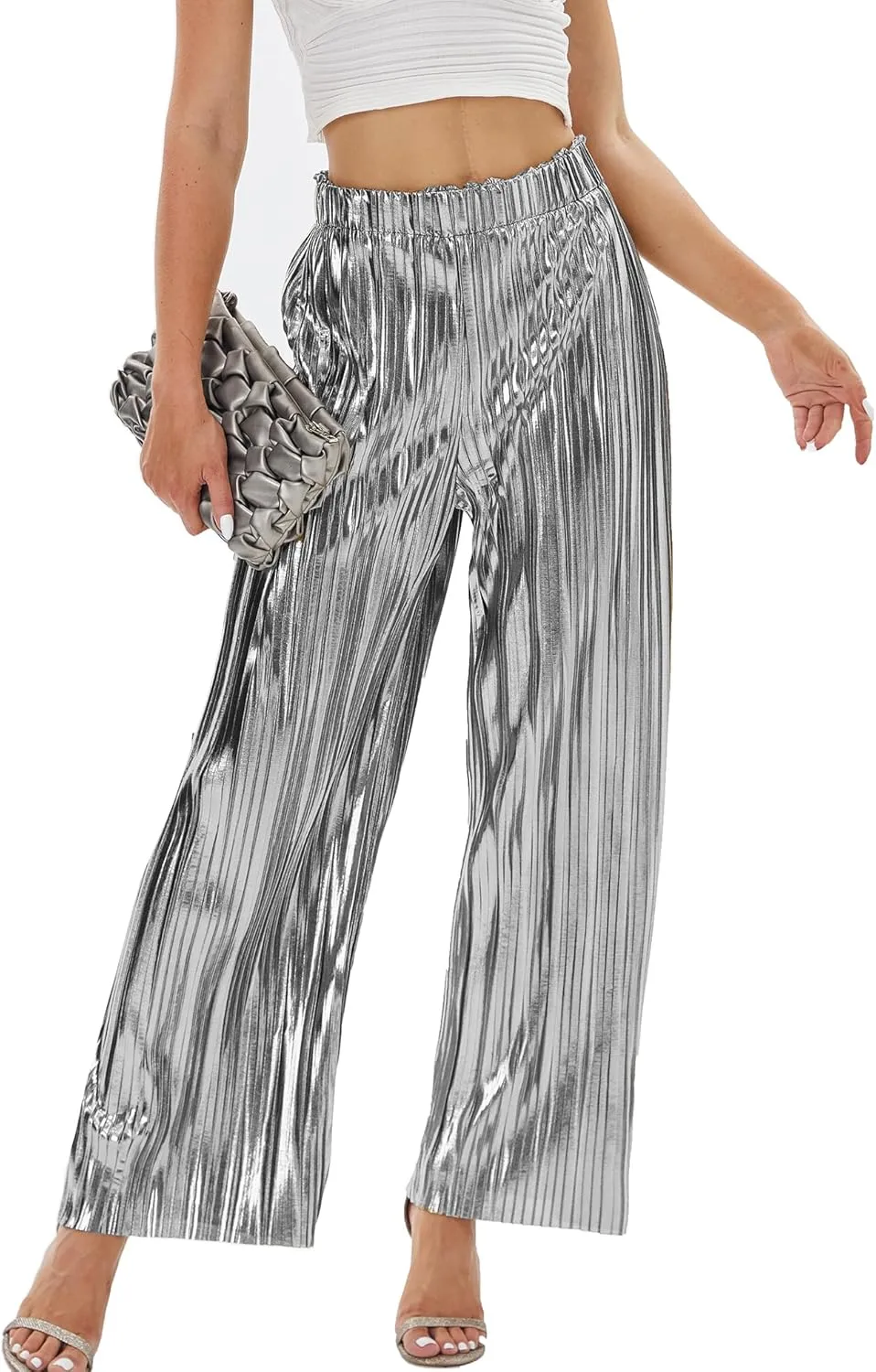 Fakanhui Women's Metallic Wide Leg Palazzo Pants Gold Silver Casual Dress Evening Party Clubwear Trouser