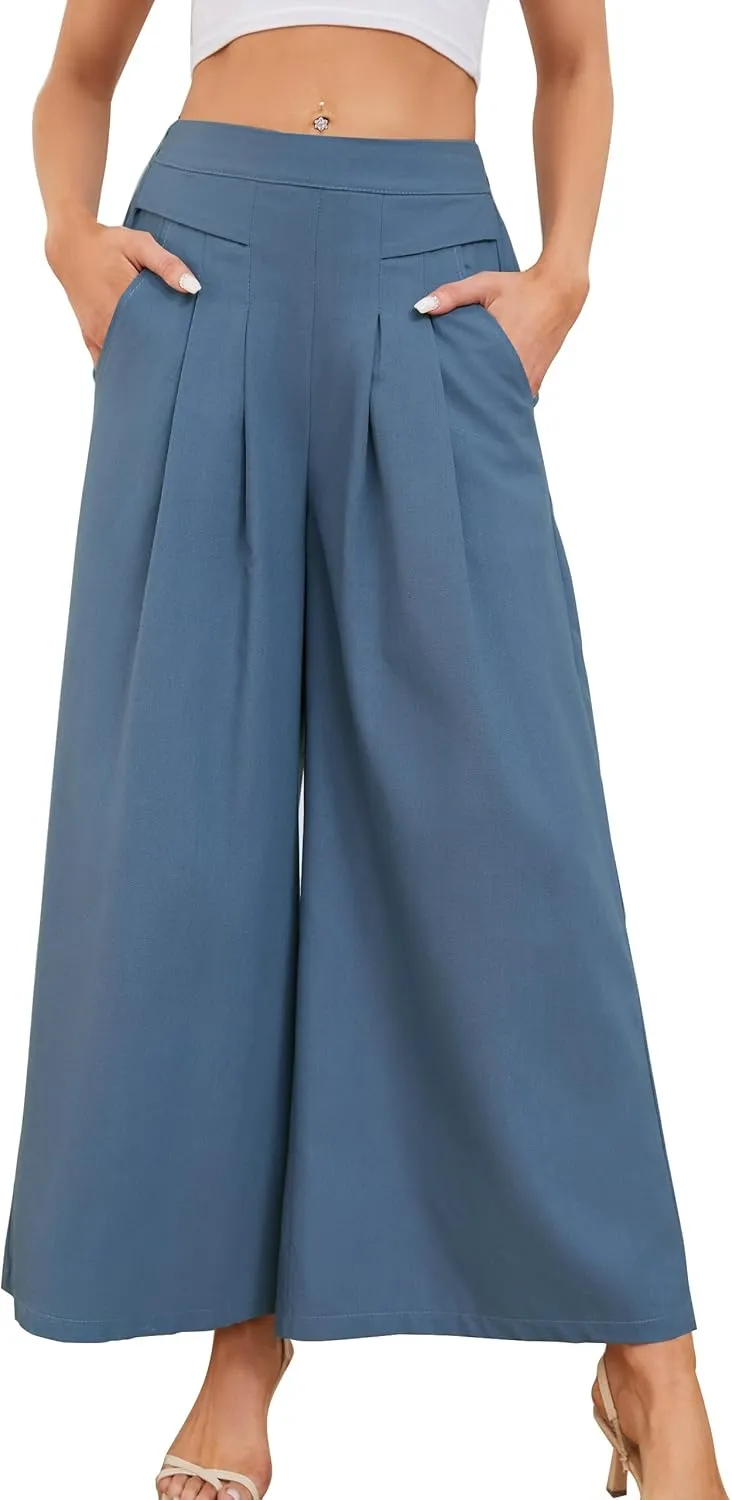 Flygo Palazzo Pants for Women Culottes Linen Pants Wide Leg Palazzo Trousers Gaucho Capri Pants with Pockets