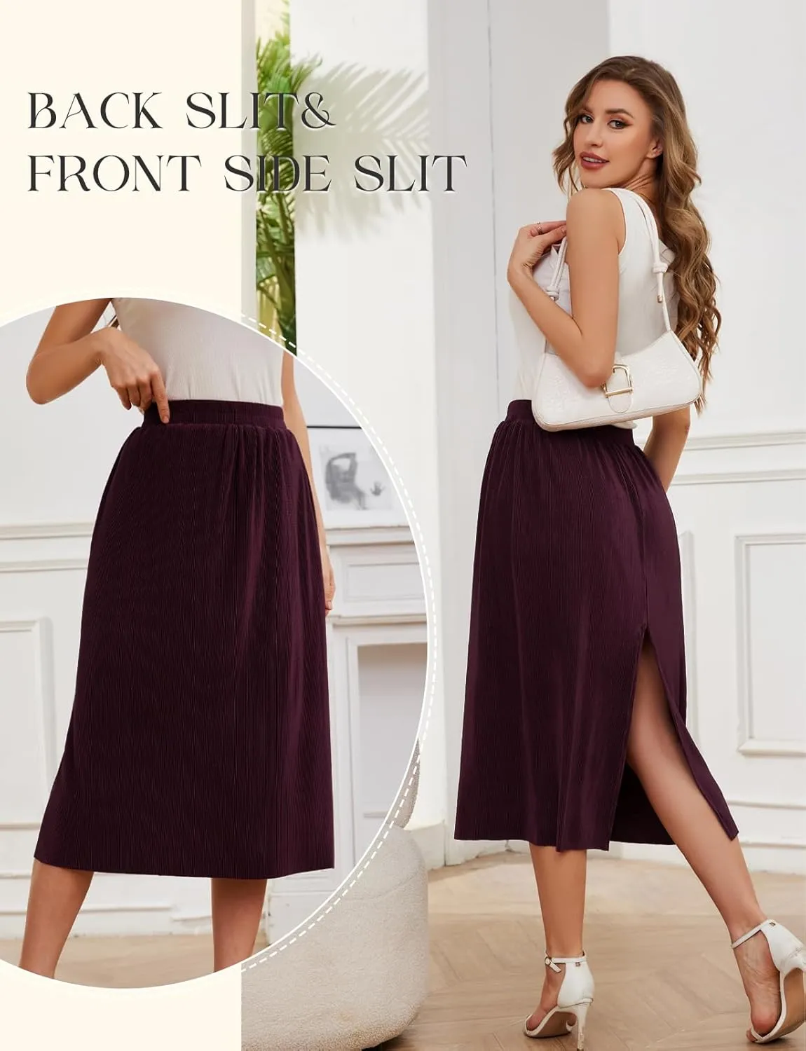 Gardenwed Womens Midi Casual Skirt High Waisted Pleated Flowy A Line Elastic Swing Skirts with Side Slit
