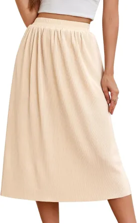 Gardenwed Womens Midi Casual Skirt High Waisted Pleated Flowy A Line Elastic Swing Skirts with Side Slit