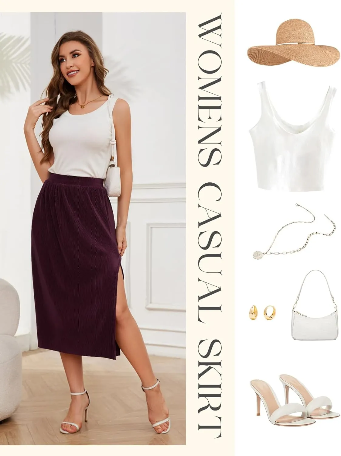 Gardenwed Womens Midi Casual Skirt High Waisted Pleated Flowy A Line Elastic Swing Skirts with Side Slit