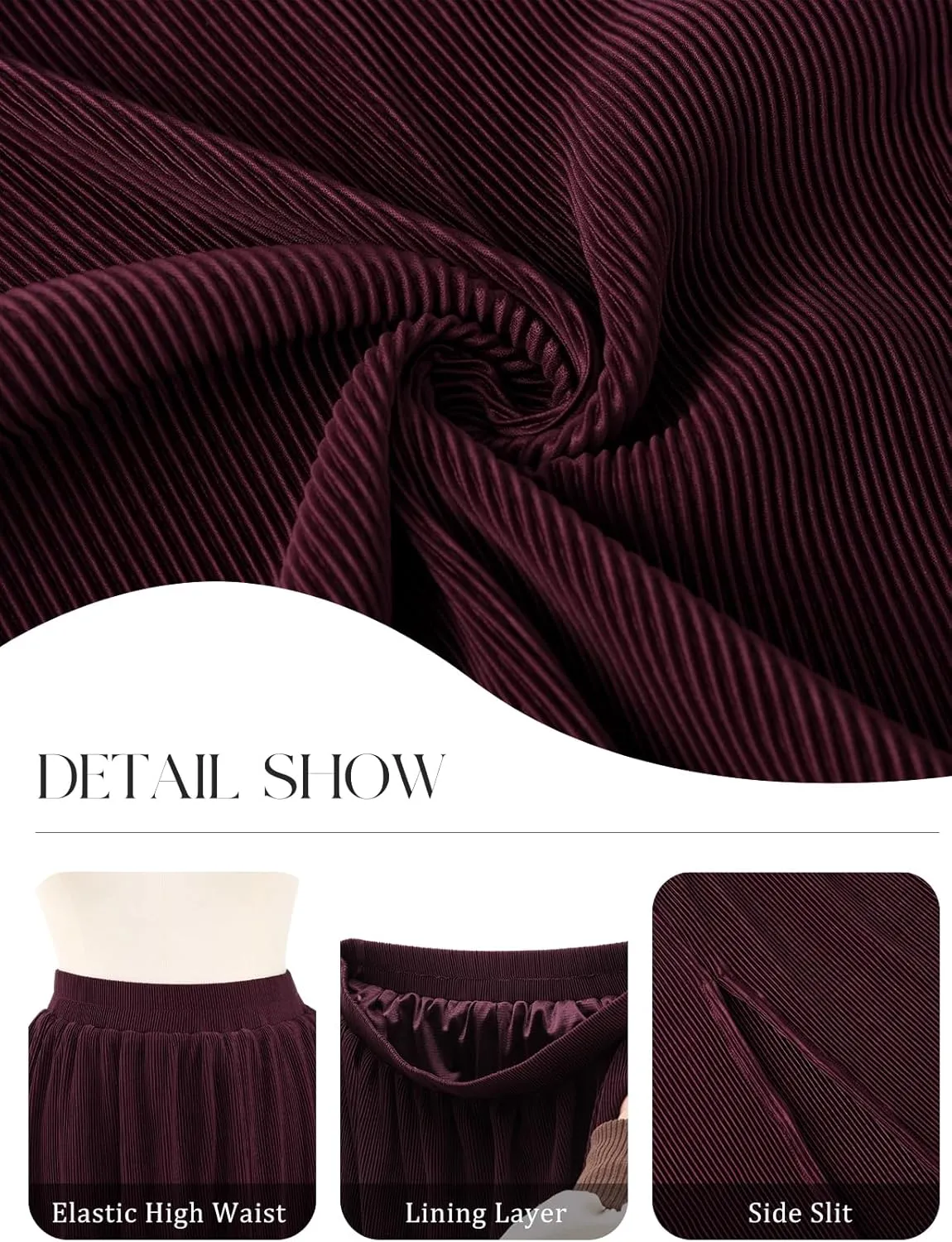 Gardenwed Womens Midi Casual Skirt High Waisted Pleated Flowy A Line Elastic Swing Skirts with Side Slit