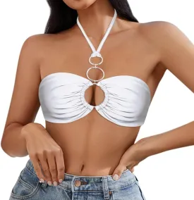 Giovacker Women's Slim Adjustable Spaghetti Straps Crop Tops Bandage Cutout Tube Top Tank Cami Champagne