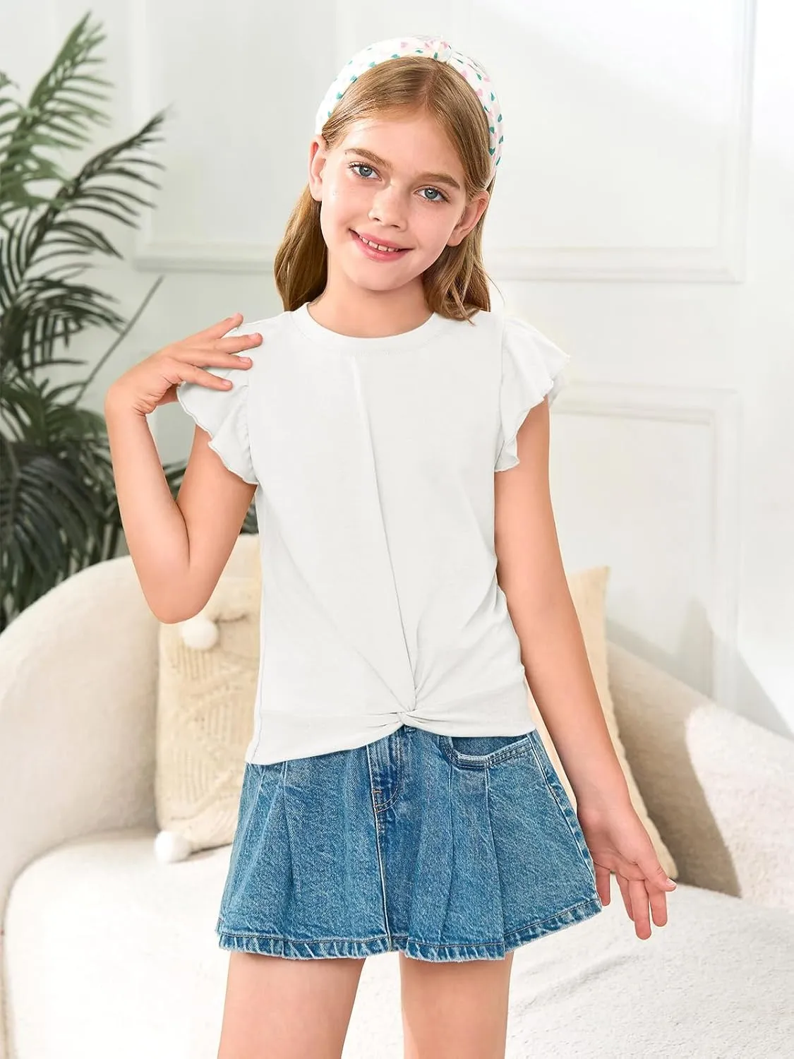 Haloumoning Girls T Shirts Ruffle Sleeve Twist Front Tshirts Summer Casual Crewneck Tees Tops 5-14 Years