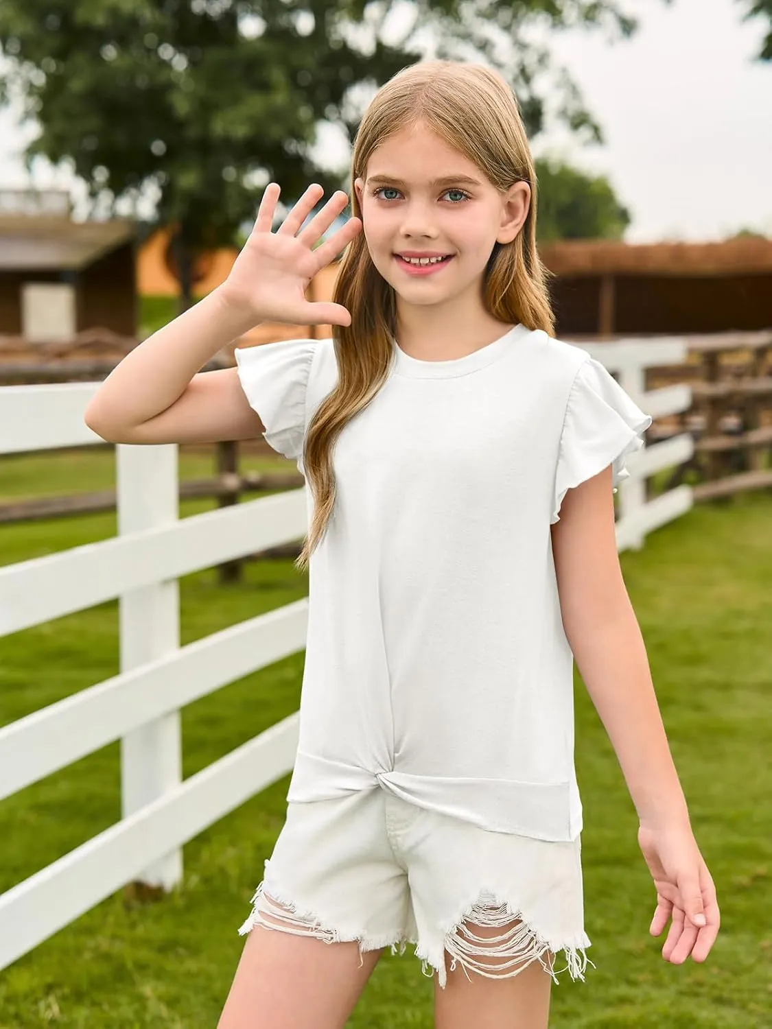 Haloumoning Girls T Shirts Ruffle Sleeve Twist Front Tshirts Summer Casual Crewneck Tees Tops 5-14 Years