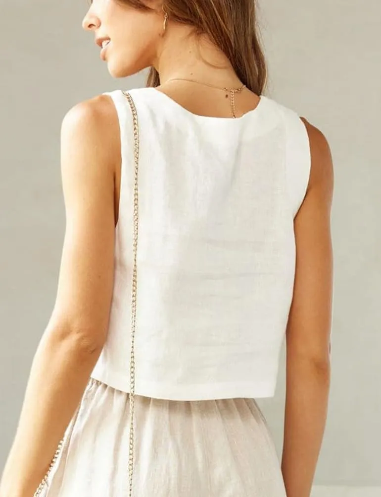 IDEALSANXUN Linen Crop Tank Tops for Women Summer Square Neck Sleeveless Casual Loose Cute Cotton Linen Tops