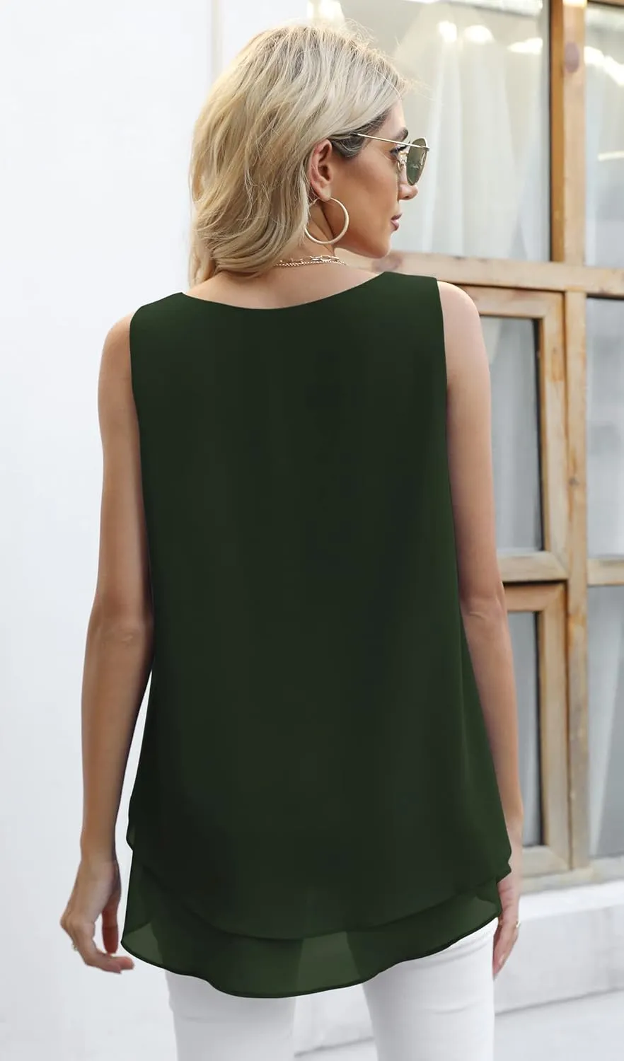 Jouica Women's Sleeveless Chiffon Tank Top Double Layers Casual Blouse Tunic