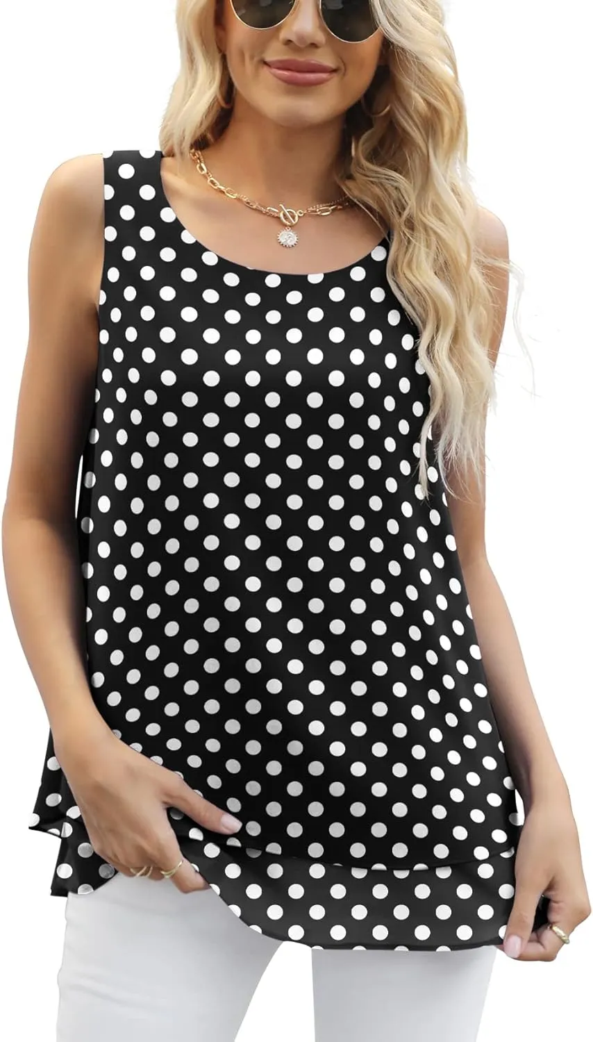 Jouica Women's Sleeveless Chiffon Tank Top Double Layers Casual Blouse Tunic