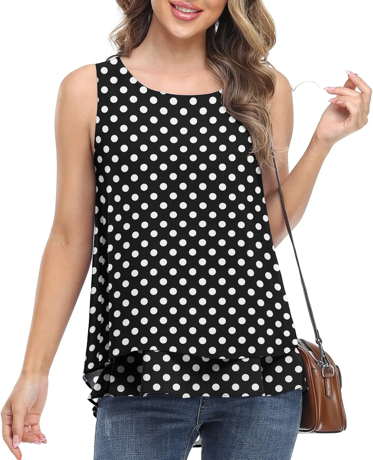 Jouica Women's Sleeveless Chiffon Tank Top Double Layers Casual Blouse Tunic