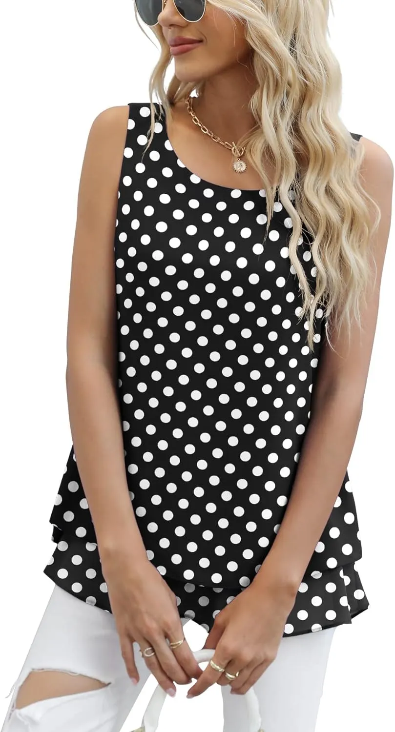 Jouica Women's Sleeveless Chiffon Tank Top Double Layers Casual Blouse Tunic
