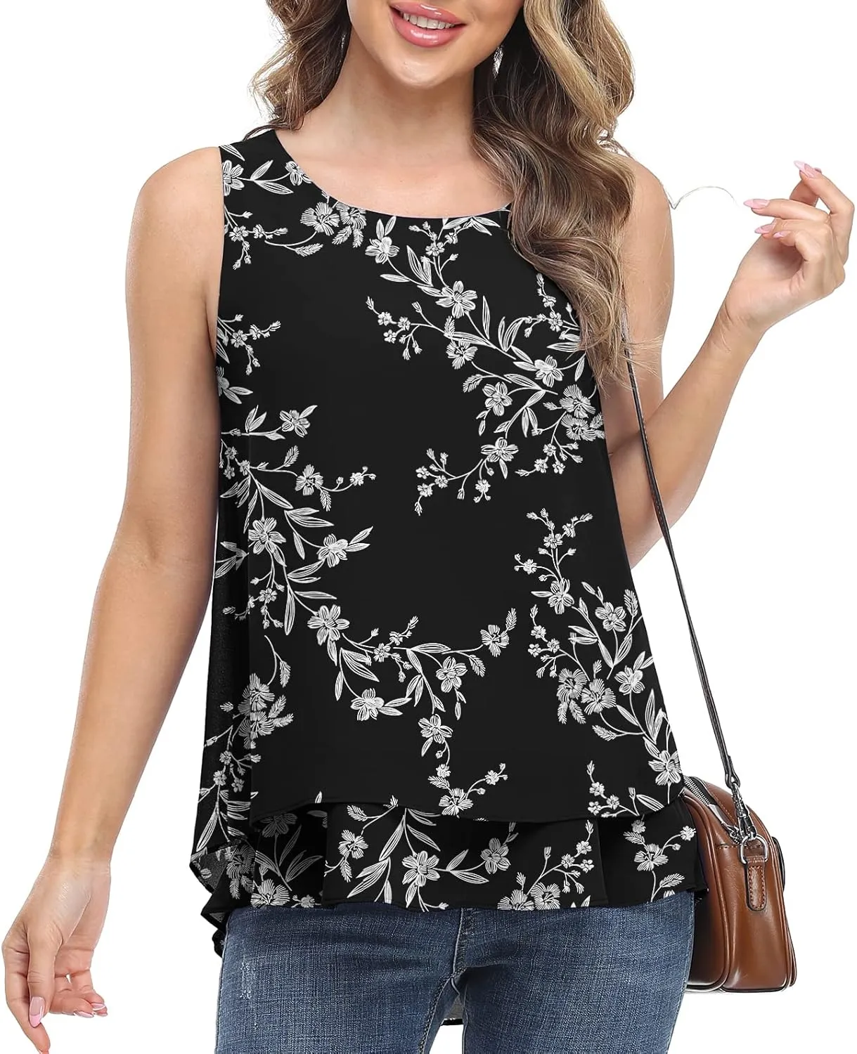 Jouica Women's Sleeveless Chiffon Tank Top Double Layers Casual Blouse Tunic