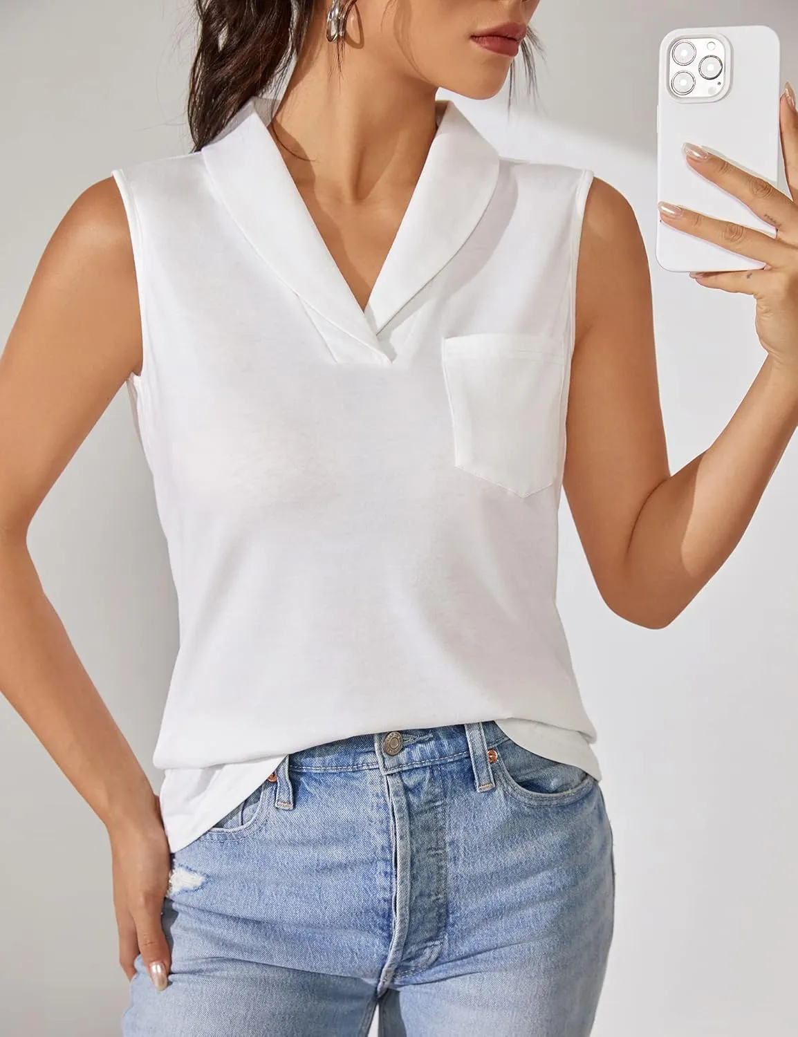 KTILG Summer Womens Sleeveless Tops Women Tank Top Dressy Casual V Neck Ladies Tunic Blouse Polo Pocket