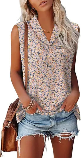 KTILG Summer Womens Sleeveless Tops Women Tank Top Dressy Casual V Neck Ladies Tunic Blouse Polo Pocket