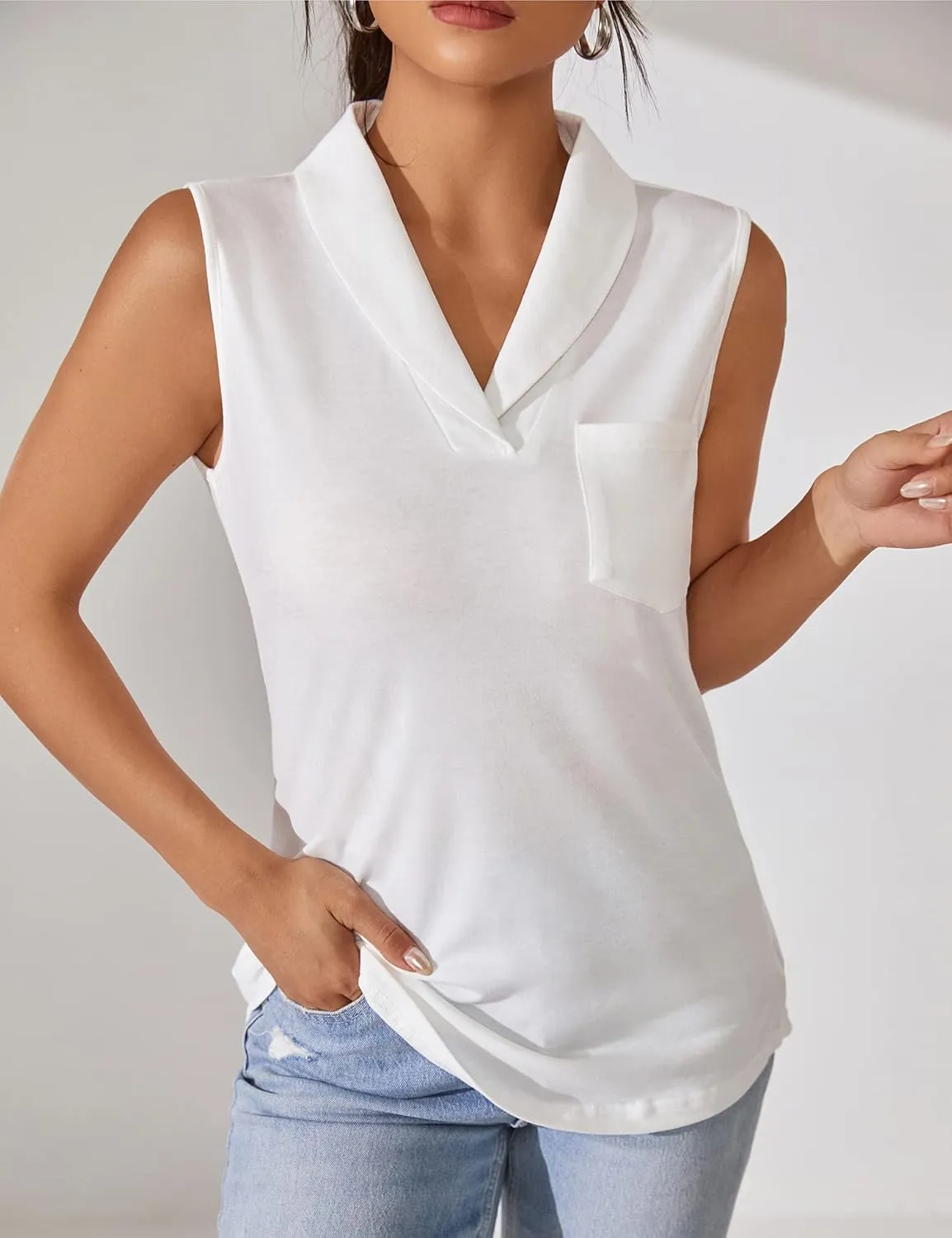 KTILG Summer Womens Sleeveless Tops Women Tank Top Dressy Casual V Neck Ladies Tunic Blouse Polo Pocket