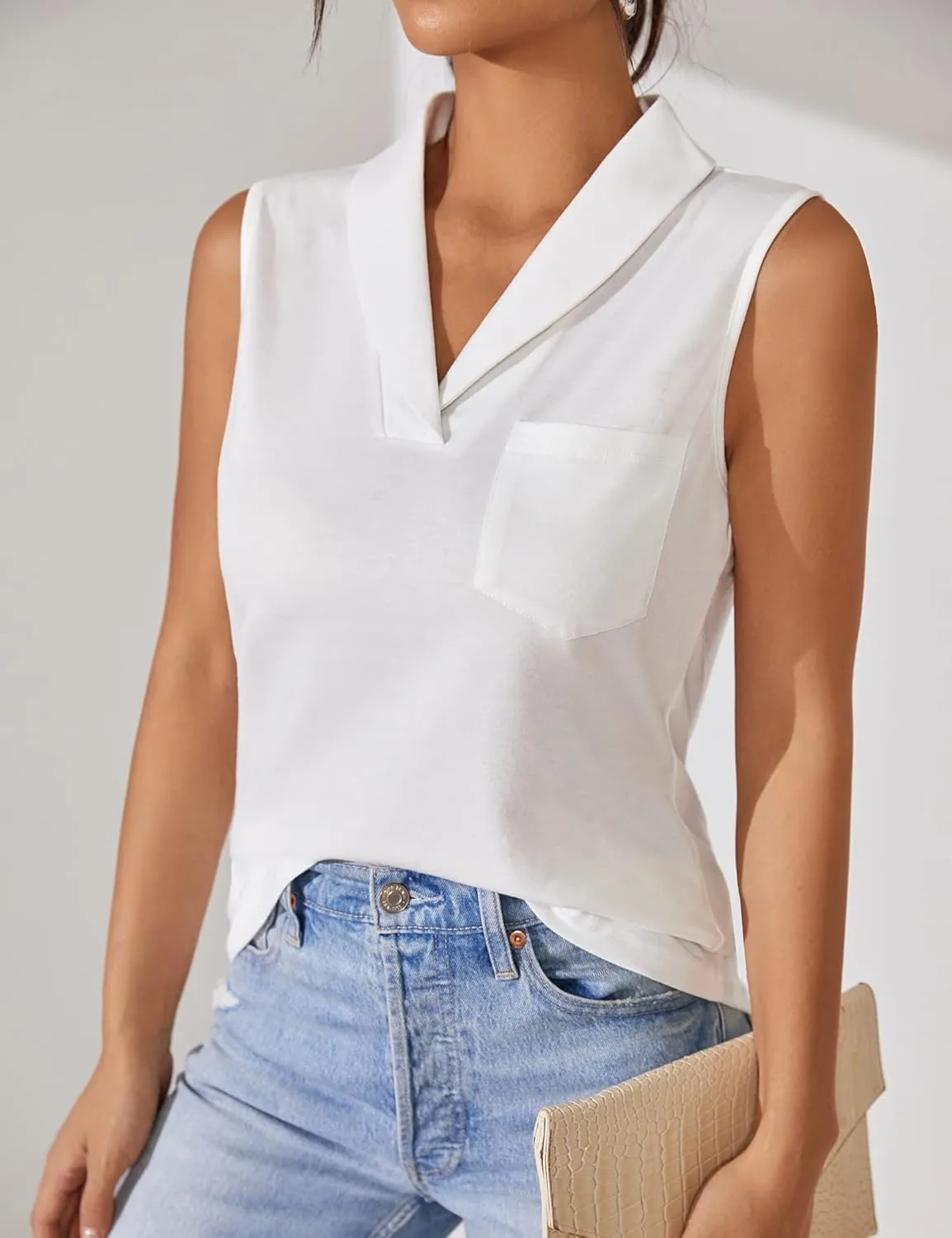 KTILG Summer Womens Sleeveless Tops Women Tank Top Dressy Casual V Neck Ladies Tunic Blouse Polo Pocket