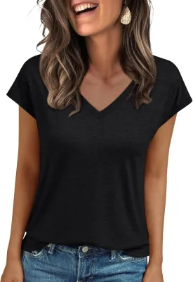 LILLUSORY V Neck T Shirts for Women Cap Sleeve Business Casual Tops Summer Cute Beach Vacation Clothes Basics Tees