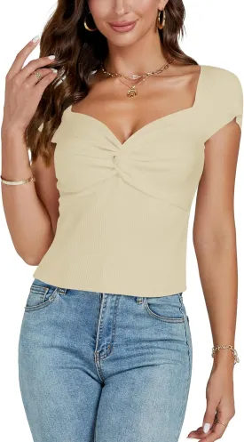 LYANER Women's Sexy Sweetheart Neck Front Twist Knot Ruched Knit Cap Sleeve Slim Fit Crop Top Tee